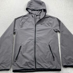 Nike Dri Fit Running Jacket Mens Small Gray Full Zip Hooded Lightweight
